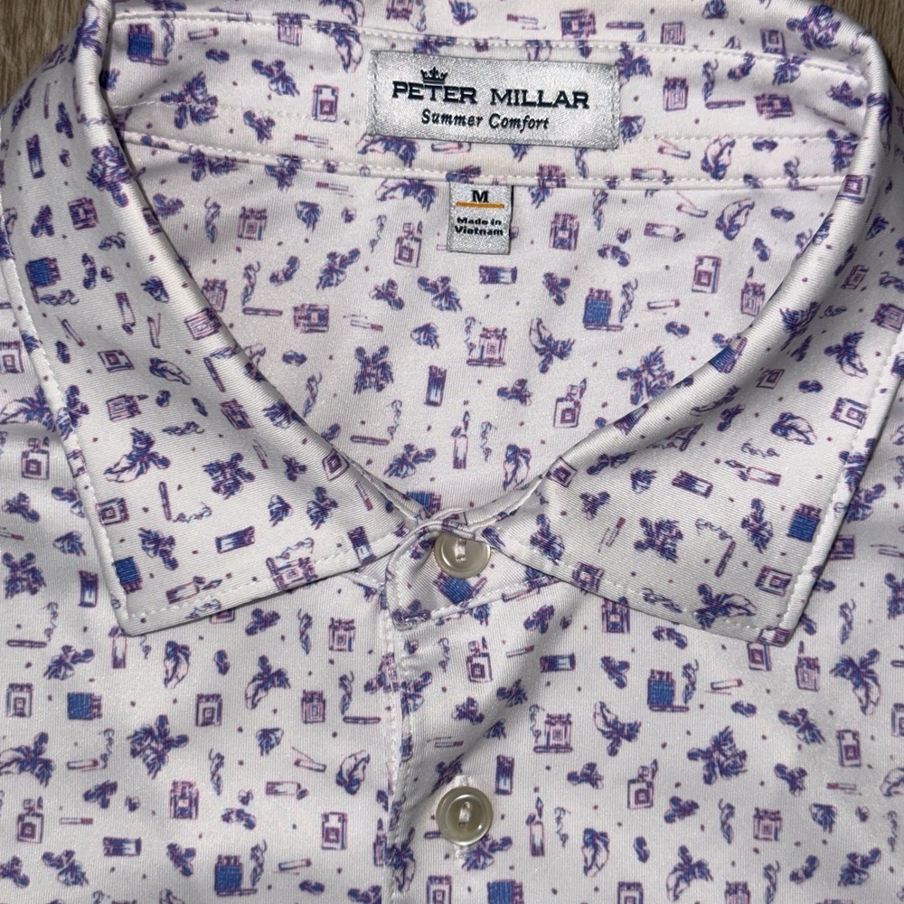 Peter Millar Summer Comfort Polo Men's Medium Gentry Cigars Print White Purple